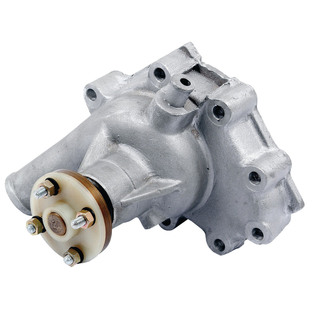 A metal automotive part, likely a Water Pump Assembly with multiple bolts and flanges for mounting, featuring a rotating component with studs and nuts, branded as Sparex Part No. S.53174.