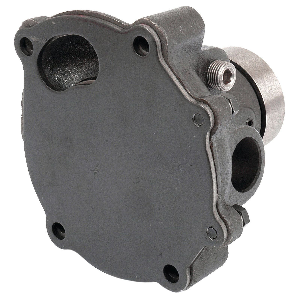 Close-up image of a Sparex S.59032 Water Pump Assembly featuring a dark metal exterior, multiple bolt holes, and cylindrical attachments, designed for use in Case IH equipment.
