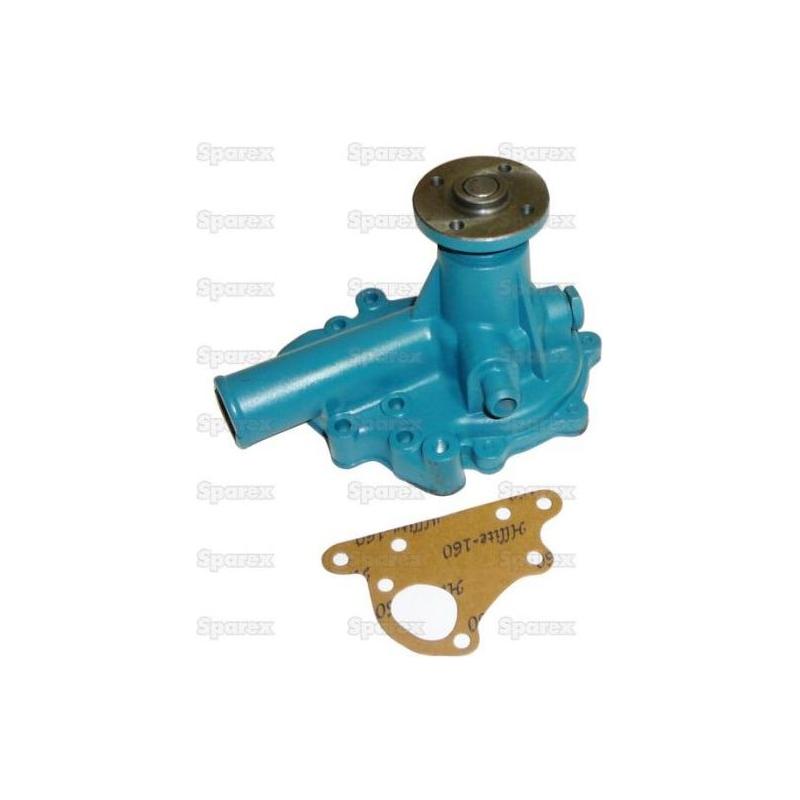 An image of the Sparex Water Pump Assembly (Part No. S.67899) in blue with a metal top, featuring hub holes for secure fitting, accompanied by a gasket, all displayed on a white background.