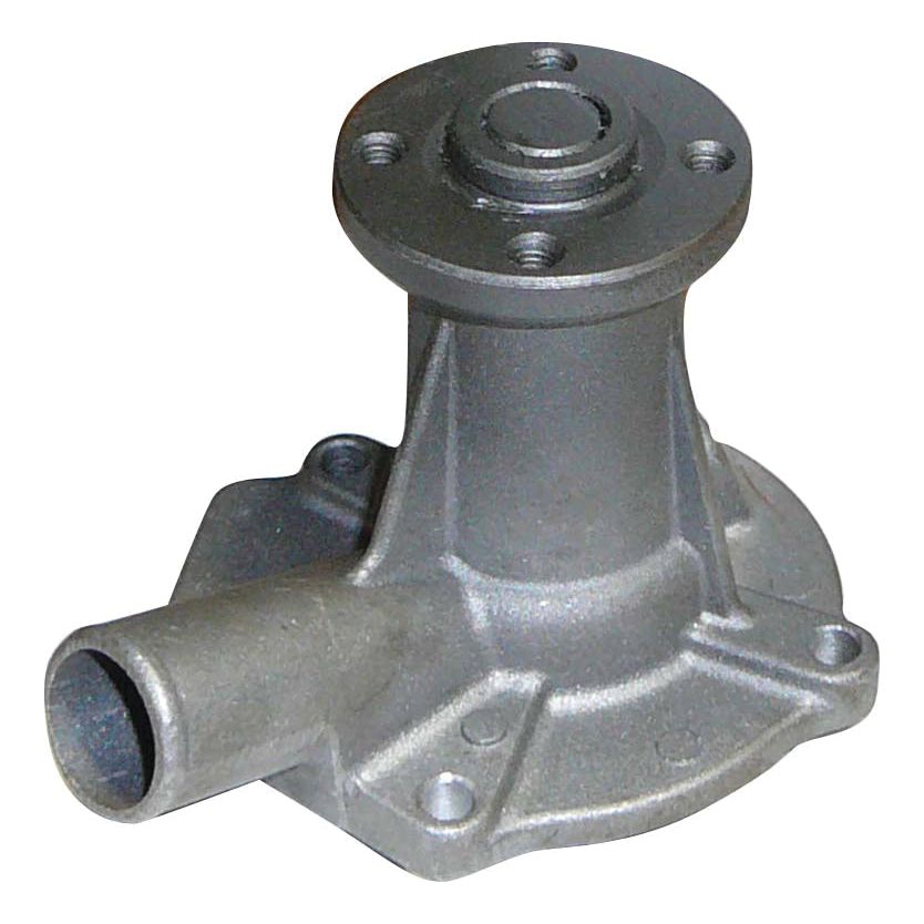 The Sparex Water Pump Assembly (Supplied with Pulley) | Sparex Part No. S.68491, is a metal automotive part featuring a cylindrical top and flanged base, complete with a side outlet pipe and multiple bolt holes, making it ideal for Kubota machinery.