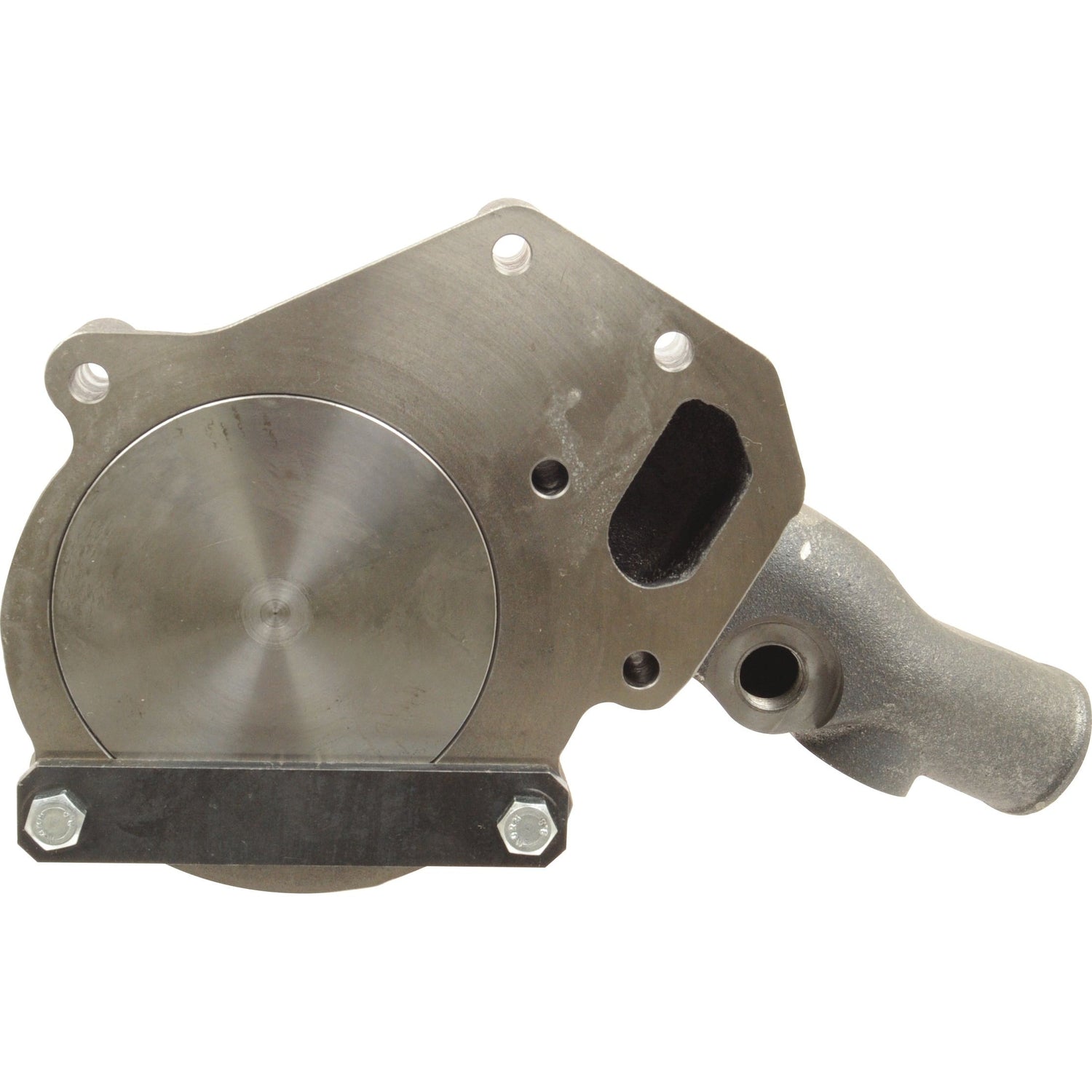 Image of a metallic mechanical part, likely a component of a machine or engine, featuring circular and rectangular sections, a protruding pipe, and bolts securing one side—resembling the precision you'd expect from the Sparex Water Pump Assembly (Supplied with Pulley), Part No. S.69307.