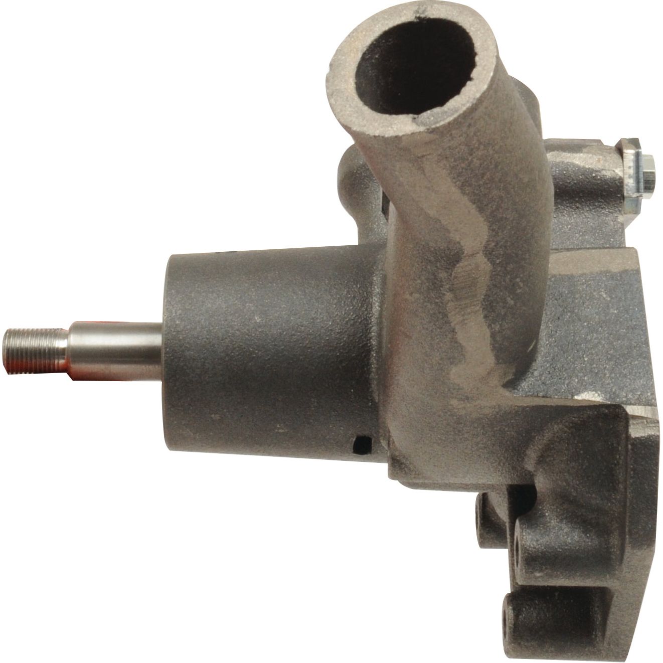 Close-up of the Water Pump Assembly (Supplied with Pulley) by Sparex, featuring a metal cylindrical body, a protruding rod with threads, and a flanged base for mounting. This Sparex Part No.S.69307 is compatible with Massey Ferguson equipment, ensuring reliable performance and durability.