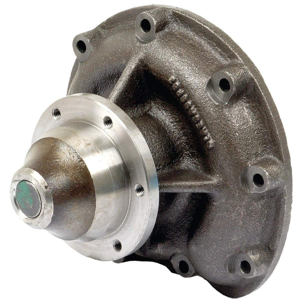 The Water Pump Assembly - S.75927 by Sparex is a mechanical component with a metallic finish, featuring a rounded conical end, multiple bolt holes along the circular flange, and an impeller Ø 112.