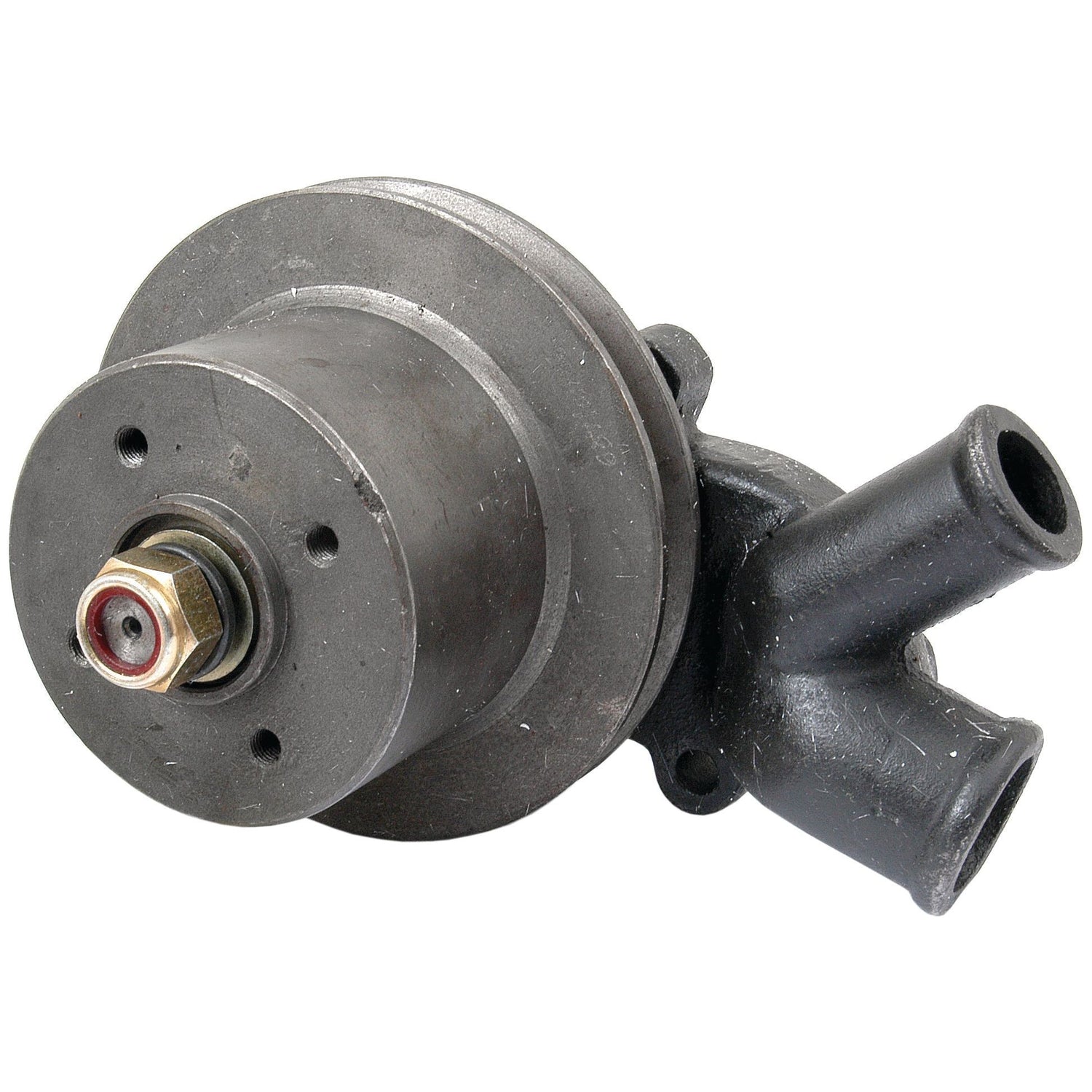 The Water Pump Assembly (Supplied with Pulley) - S.48061 by Sparex is a metal mechanical component featuring a cylindrical shape with a threaded bolt on one end and two angled pipe connections on the other end, serving as an alternative to S.41593.