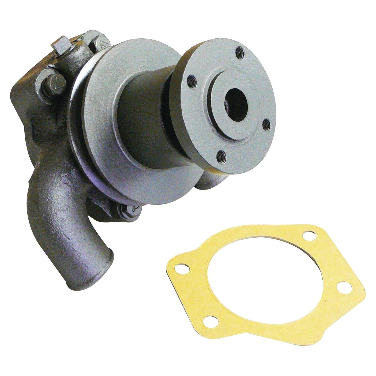 Image of a gray metal water pump assembly with an adjoining flange and multiple bolts. The assembly includes a yellowish gasket featuring four bolt holes. This Sparex Water Pump Assembly (Supplied with Pulley) Part No.S.60149 ensures optimal performance and compatibility.