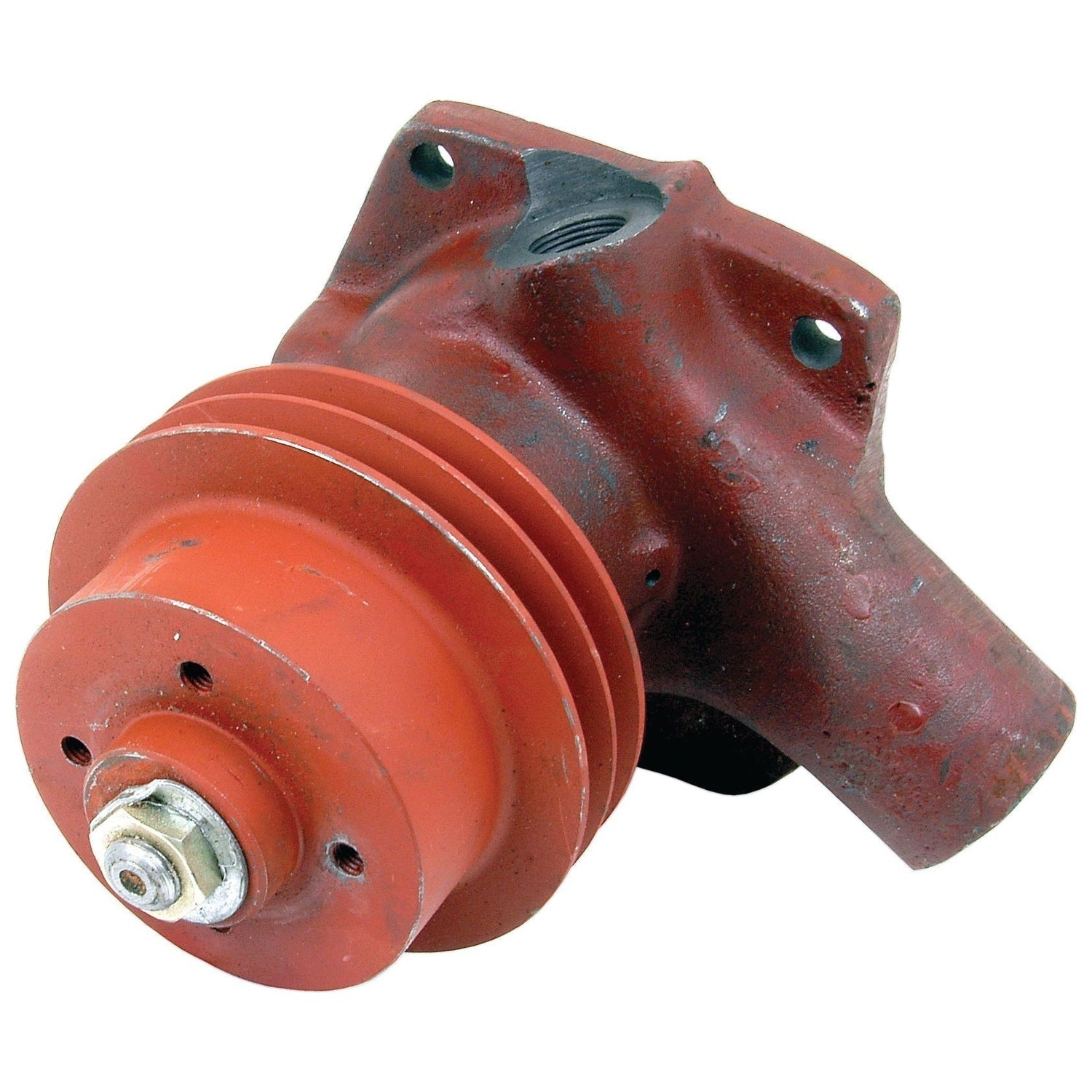 Close-up of a worn red water pump assembly, featuring a metal shaft and mounting holes with some visible rust. A Sparex component, part number S.64813, is integrated alongside a Poly-Vee Pulley system for enhanced performance.