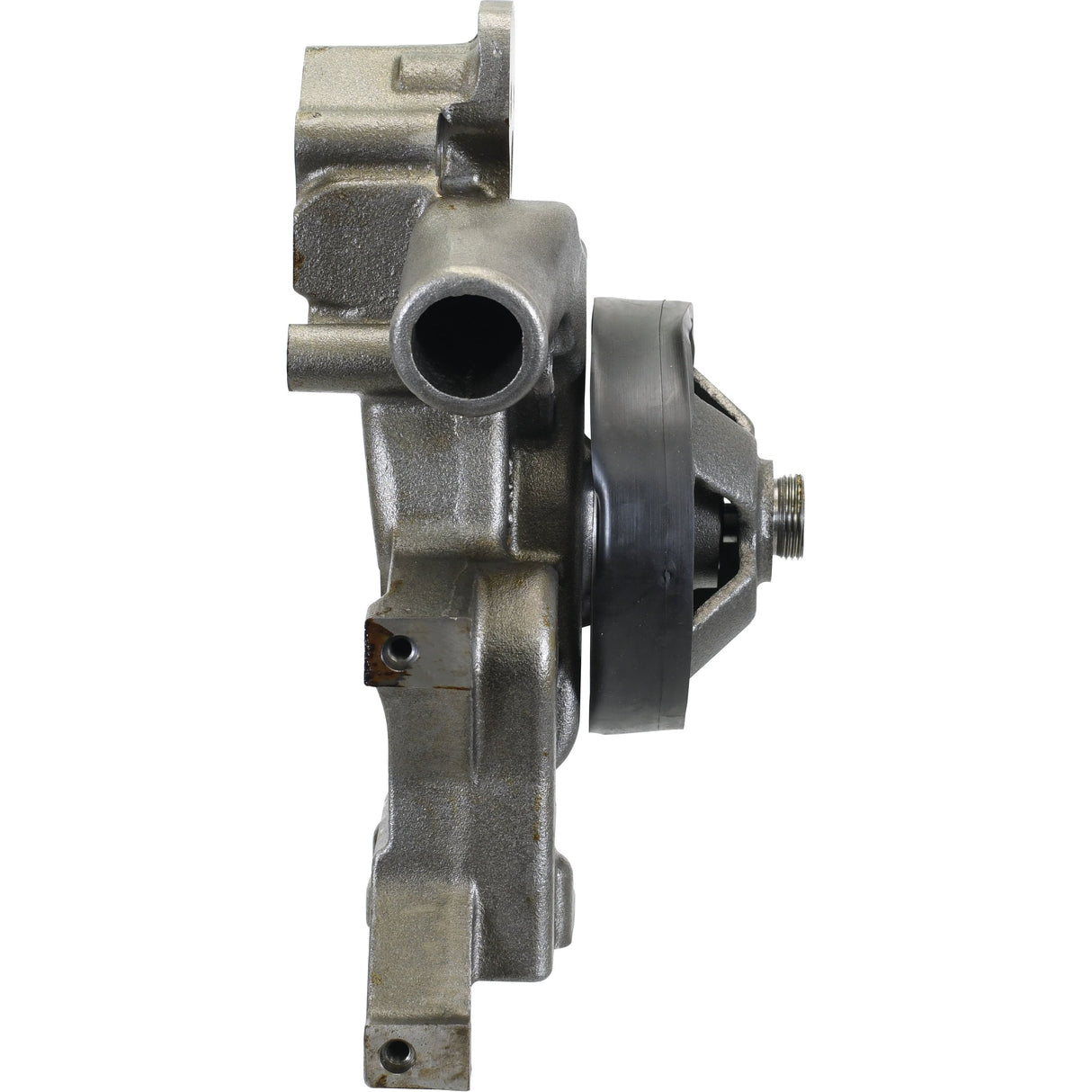 A side view of the Water Pump Assembly (Supplied with Pulley) - S.67128 by Sparex, featuring a metallic mechanical component with a cylindrical opening and an attached black circular part, reminiscent of the intricate design found in a Sanden A/C Compressor.