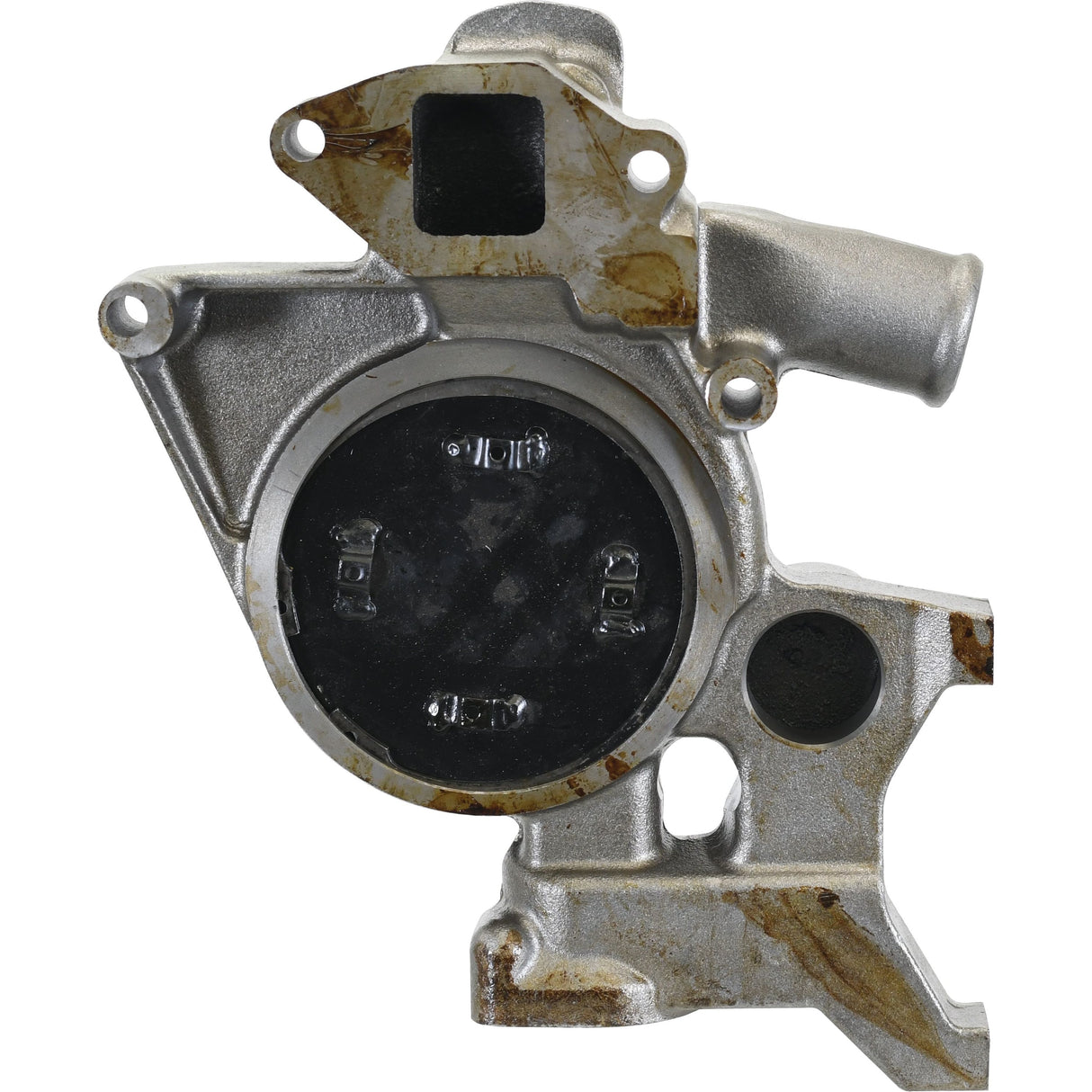 A partially rusted metal mechanical component featuring a circular central section, several bolts, and connecting tubes—ideal for a Mando Sanden A/C Compressor—is available as the Water Pump Assembly (Supplied with Pulley) - S.67128 from Sparex.