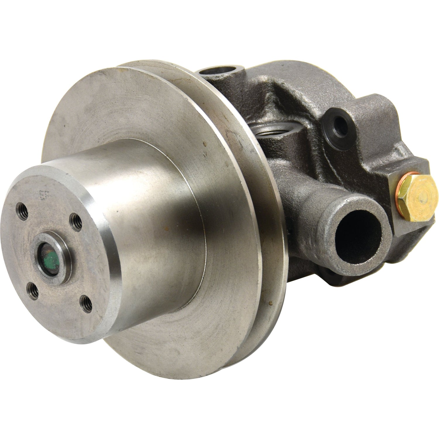 Close-up of a metallic automotive part, specifically the Water Pump Assembly (Supplied with Pulley) - S.67401 from Sparex, featuring a cylindrical section with multiple holes, an adjoining flange, and a threaded port on one side. This component is similar to those found in a Sparex Repair Kit.