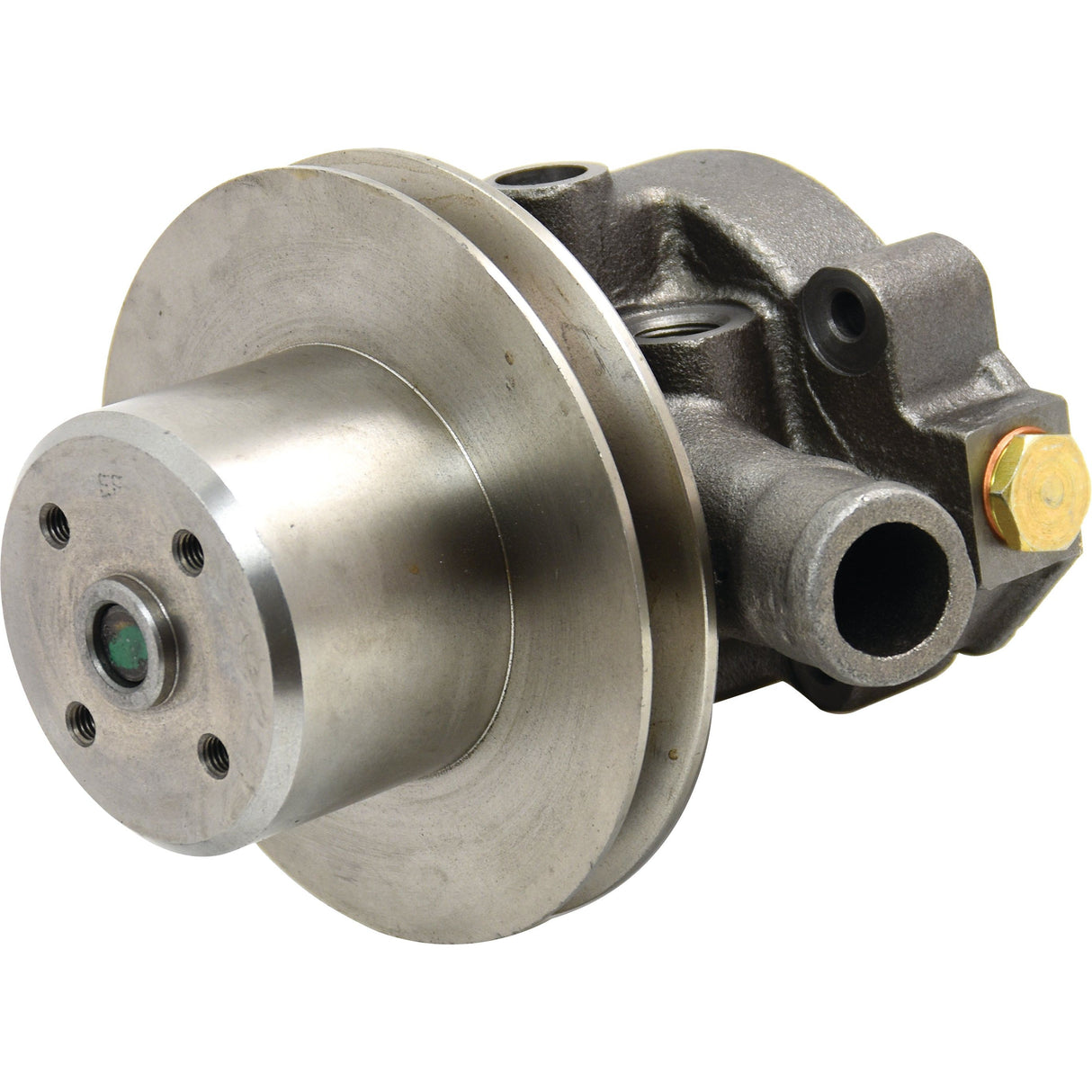The Water Pump Assembly (Supplied with Pulley) - S.67401 by Sparex is a metallic automotive component that includes a central cylindrical section with multiple bolt holes and a smaller cylindrical extension on one side, resembling an impeller in design.