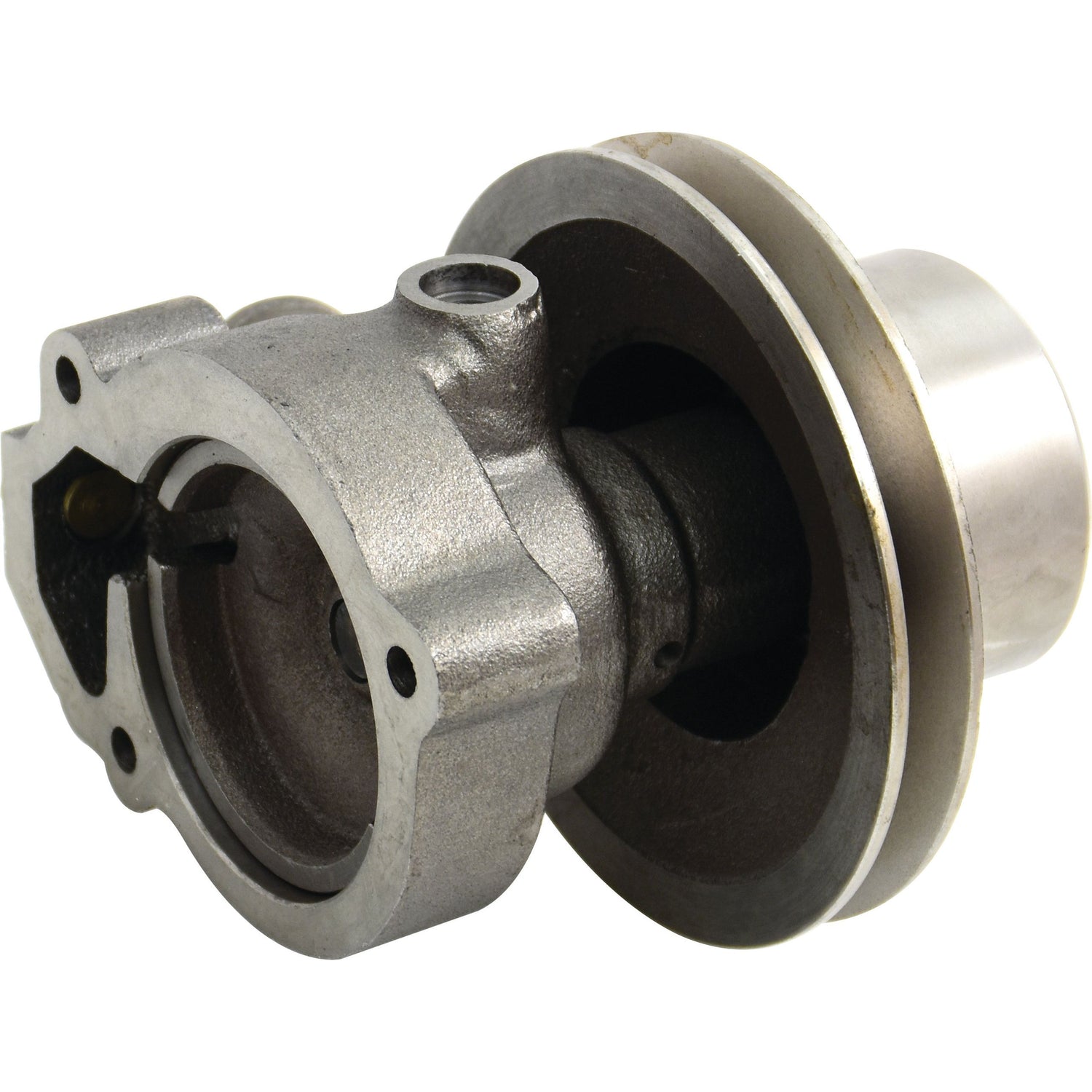 Close-up of the Water Pump Assembly (Supplied with Pulley) - S.67401 by Sparex, showcasing its silver cylindrical design, complete with an impeller, metal flange, and housing. The pump features a machined finish and several mounting holes. It is compatible with the Sparex Repair Kit.