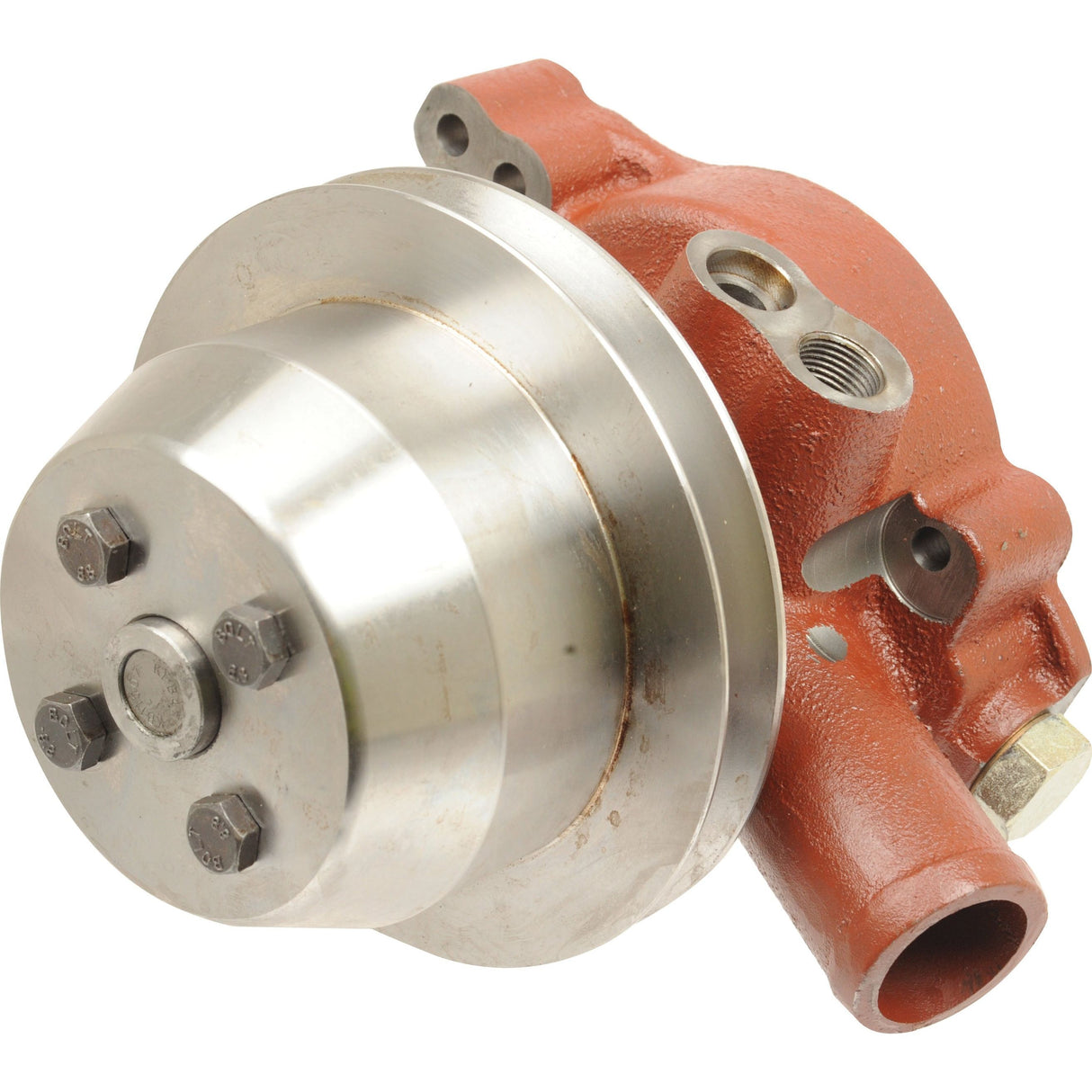 A close-up image of a mechanical metal component with a red casing and a cylindrical steel part featuring bolts and threaded holes, resembling the precision of the Sparex Water Pump Assembly (Supplied with Pulley) | Part No.S.67402.