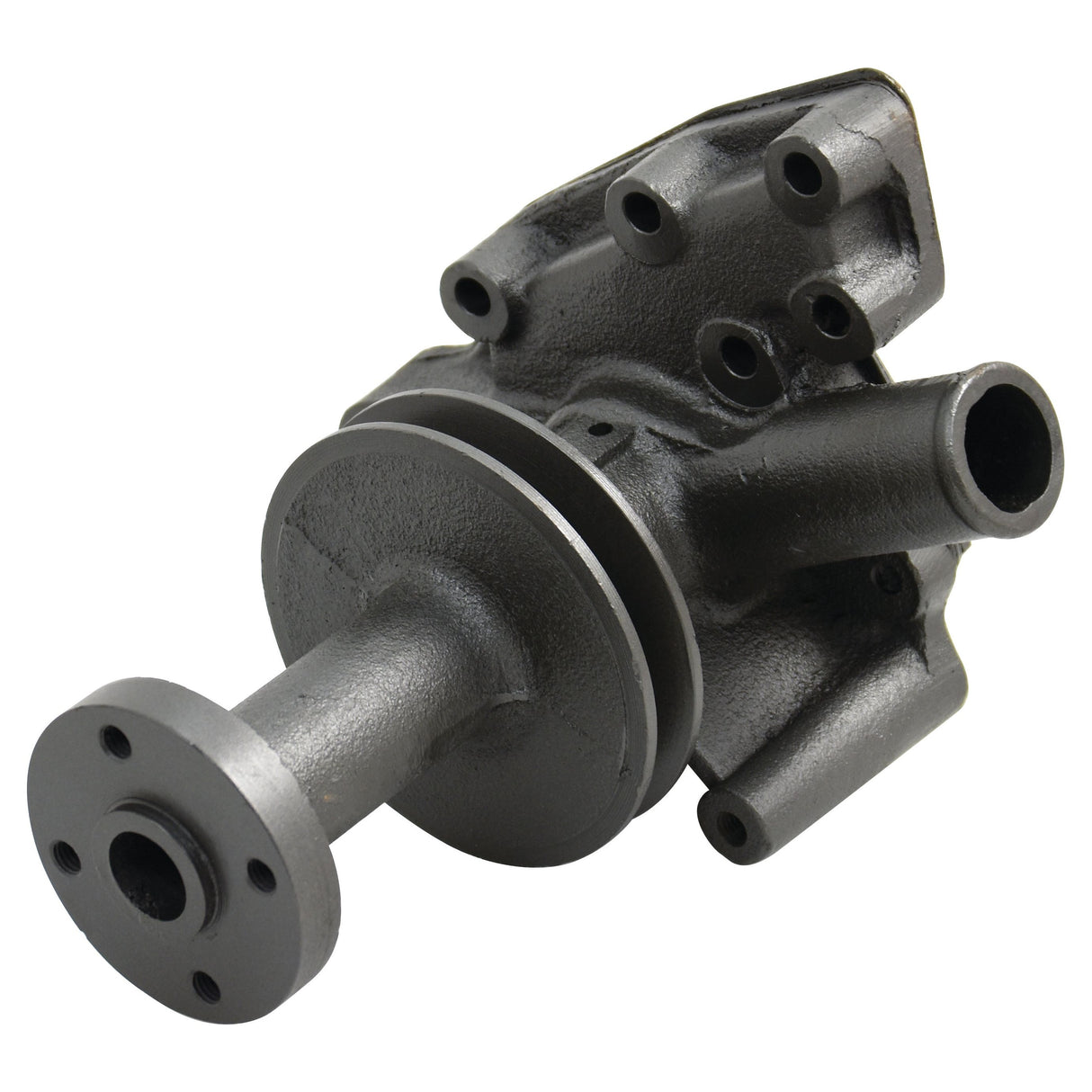 The Sparex Water Pump Assembly (Supplied with Pulley) - S.67833 is a grey metal automotive water pump featuring multiple connected ports, a flange at one end, and an impeller with a 70mm diameter.