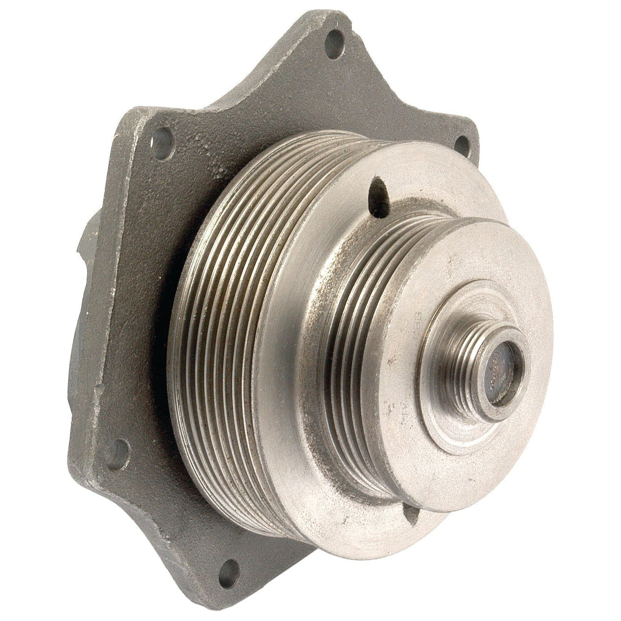 A Sparex Water Pump Assembly (Supplied with Pulley) in gray metal, featuring a series of ridges and a central threaded section, possibly part no. S.67895 designed for engine or machinery applications.