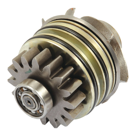 A close-up of a metallic gear mechanism with multiple layers, gears, and bearings, prominently featuring the precision-engineered Water Pump Assembly (supplied with drive gear) by Sparex, Part No. S.68268.