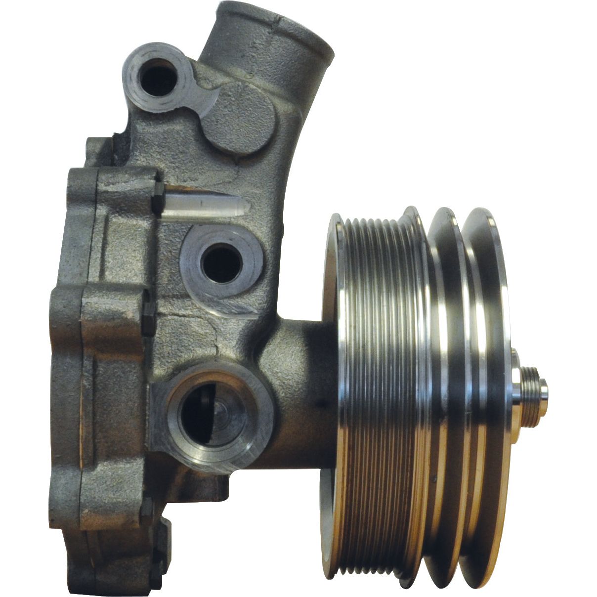 A metal Water Pump Assembly with a Poly-Vee Pulley attached and multiple mounting points, suitable for Valmet & Valtra applications, supplied under the Sparex brand with Part No. S.69308.