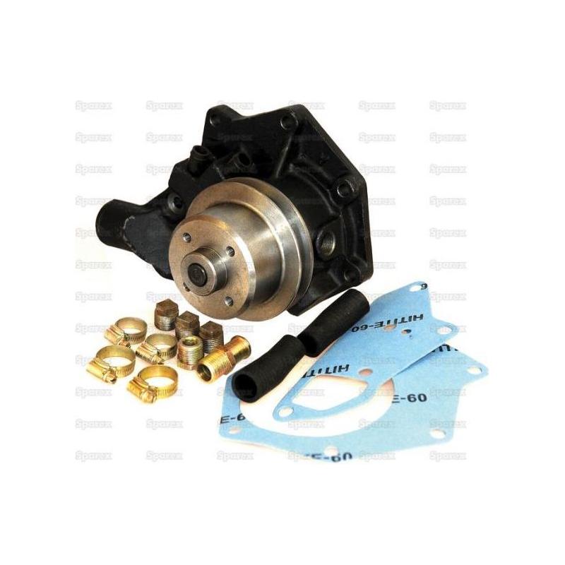 Sparex Water Pump Assembly (Supplied with Pulley) featuring a black metal pump, various brass components, two gaskets, and a pair of plastic handles placed on a white background. This John Deere-compatible kit also includes a Sparex Impeller for enhanced performance.