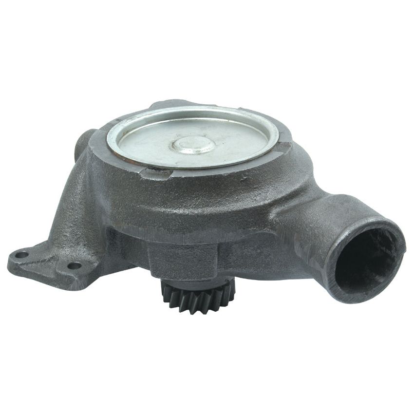 The Sparex Water Pump Assembly (Supplied with drive gear) - S.39884 is a circular metal automotive water pump, complete with an inlet and outlet pipe, mounted on a base featuring a black gear at the bottom and an internal impeller.