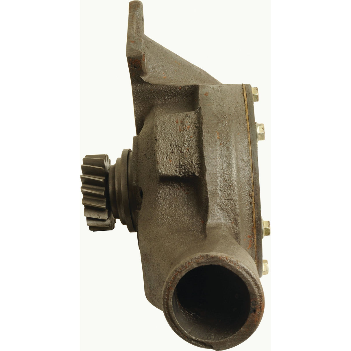 Side view of the Sparex Water Pump Assembly (Supplied with drive gear) | Sparex Part No.S.42316, resembling those found in Perkins 1006 engines, with visible bolts and a protruding cylindrical opening.