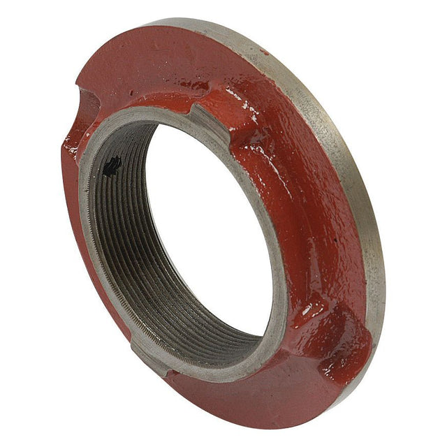 Close-up of a red and silver threaded pipe coupling nut, showcasing its threading and hexagonal grip designed for securing pipes together, reminiscent of the durability found in Sparex's Water Pump Pulley, Sparex Part No. S.60451.