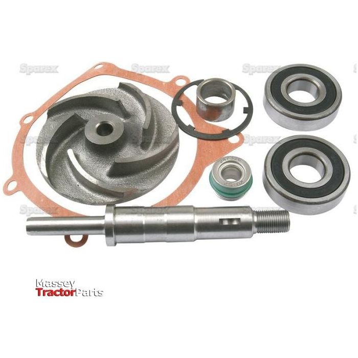 A set of mechanical parts including a metal impeller, gasket, bearings, and a shaft, labeled "Water Pump Repair Kit | Sparex Part No.S.42442" by Sparex, ideal for Massey Ferguson water pump repair kits.