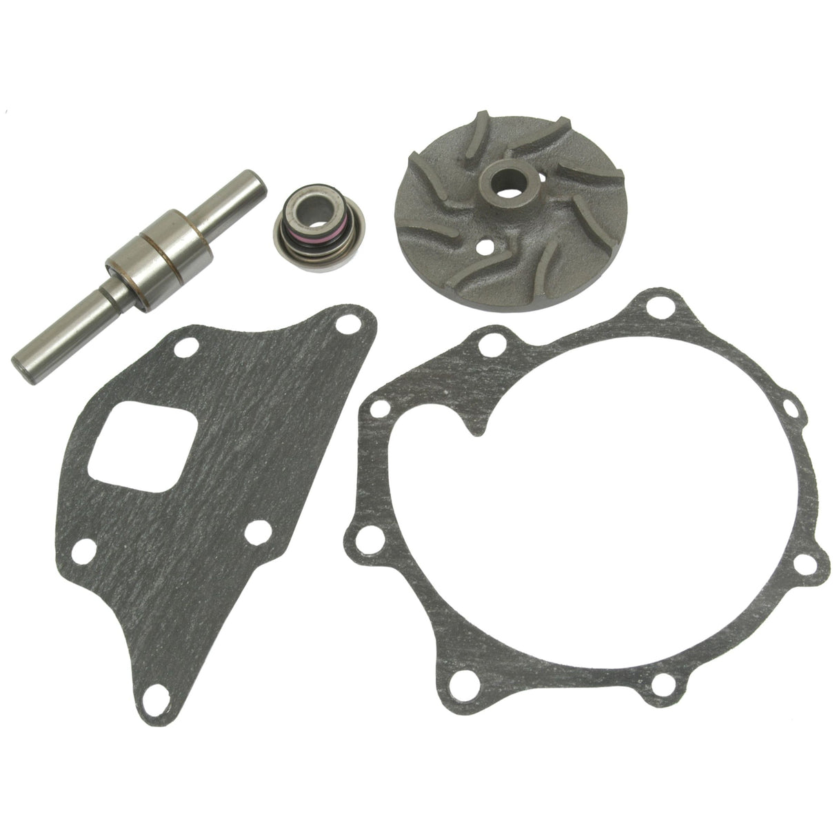 The Water Pump Repair Kit | Sparex Part No.S.65022 from the brand Sparex includes a metal rod component with a ceramic seal shaft, a small bearing, an impeller-like fan piece, and two gaskets with multiple holes.