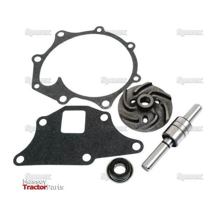 A set of mechanical components including a gasket, an impeller with ceramic seal facing, a bearing, and a shaft assembly on a white background with the "Sparex" logo. This is the Water Pump Repair Kit | Sparex Part No.S.65023.
