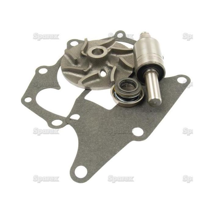 Image of the Water Pump Repair Kit | Sparex Part No.S.65025 by Sparex, which includes a metal impeller with a diameter suitable for Ford / New Holland, a gasket, a sealing ring featuring ceramic seal facing, and a cylindrical shaft component.