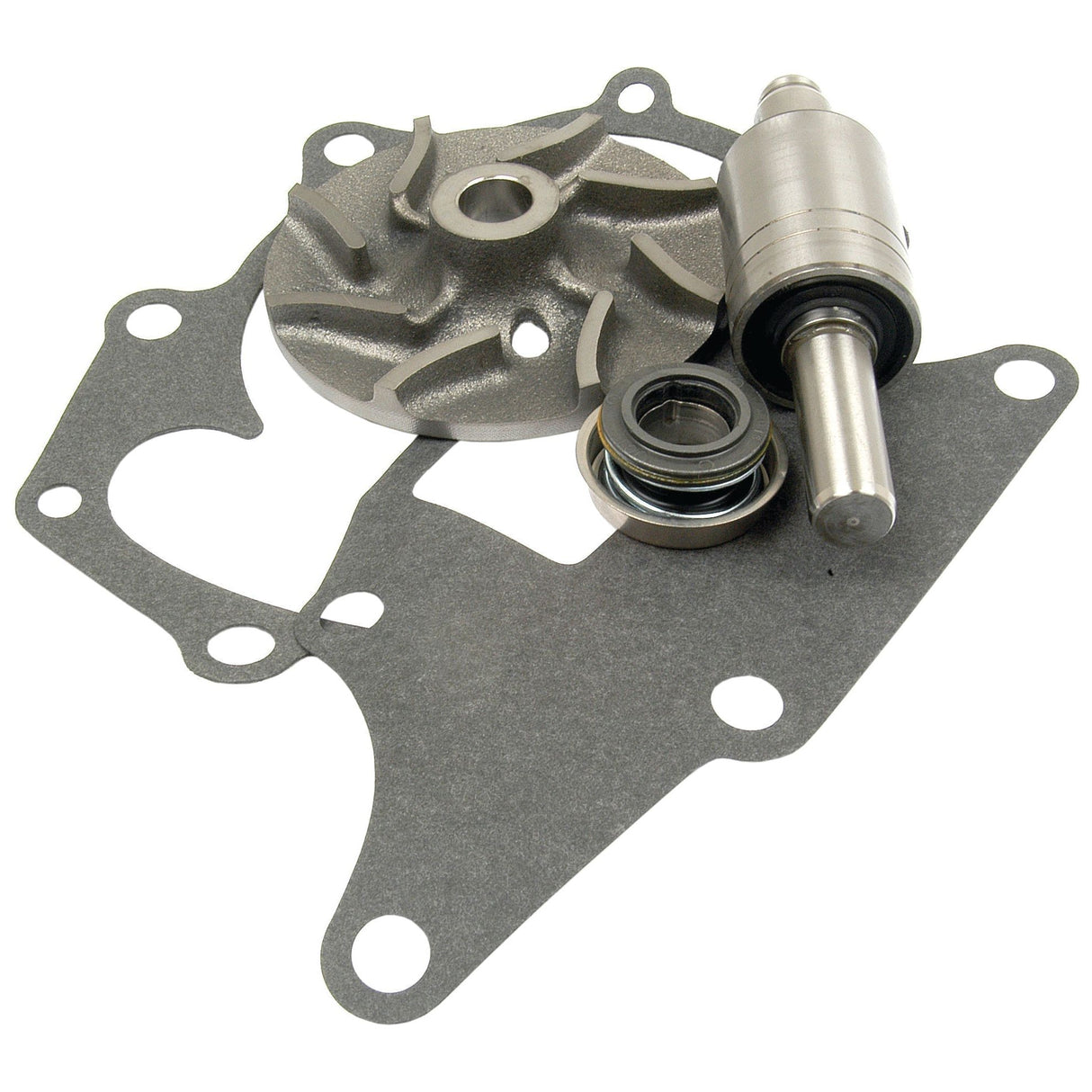 A set of metal automotive parts, specifically a gasket, an impeller with a specified diameter, and a bearing from the Water Pump Repair Kit (Sparex Part No.S.65025), are arranged on a white background.