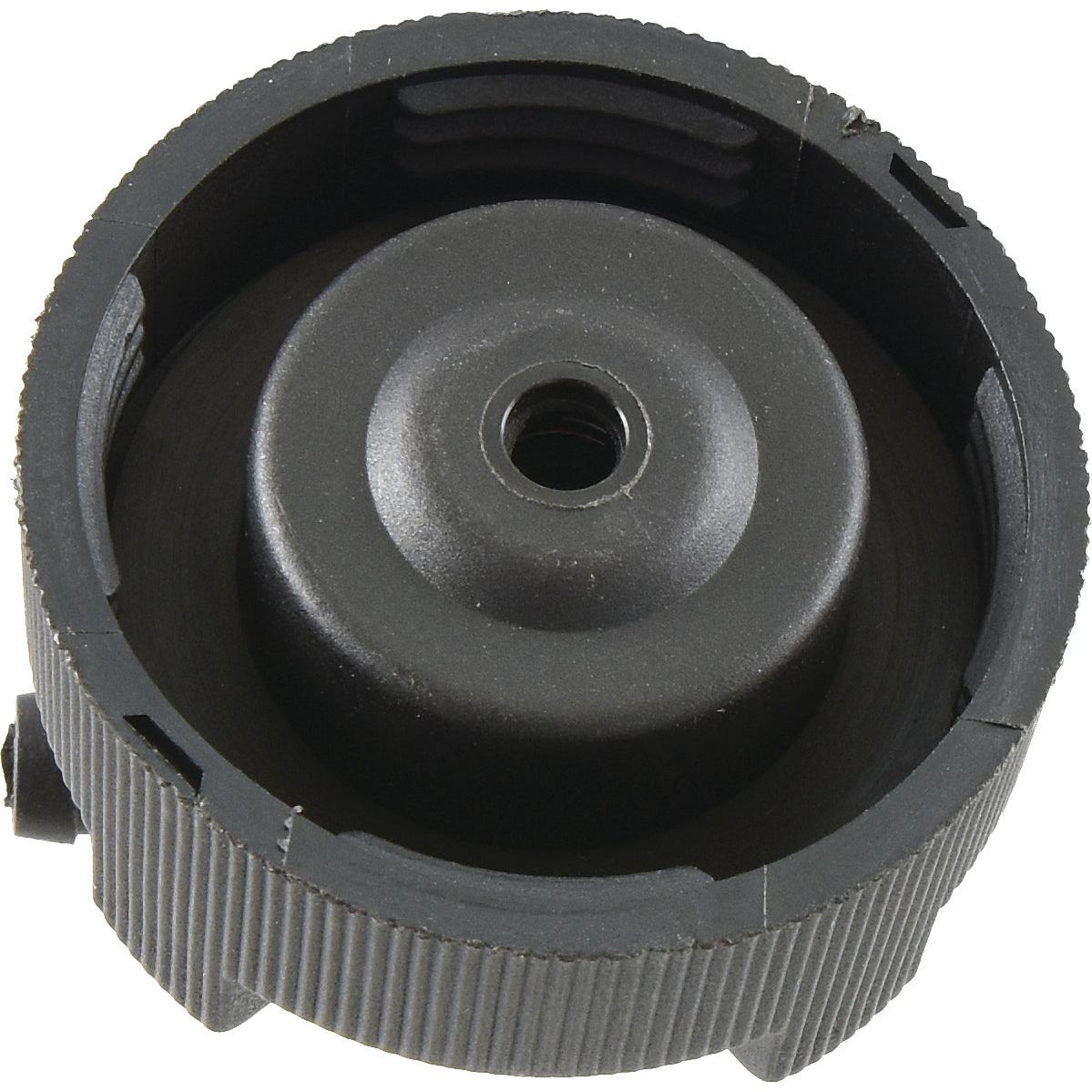 This Sparex Water Tank Cap (Part No. S.141011) is a black, plastic round lid with a central hole, grooved edges, and a textured grip; making it an ideal replacement cap for your water tank.