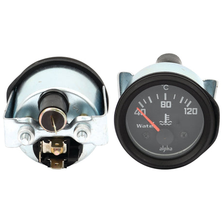 Two views of a cylindrical Water Temperature Gauge. The front displays a temperature range from +40°C to +120°C with an indicator needle, while the back shows the electrical spade connectors. The brand "Sparex" is visible and it operates at 12V.