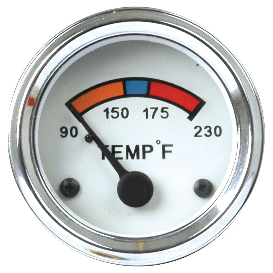 The Sparex Water Temperature Gauge (Sparex Part No. S.20385) features an illuminated display with a needle pointing at approximately 90°F. The gauge includes color-coded sections in red, blue, and orange and is labeled "TEMP °F". It’s ideal for use in Ford / New Holland DEXTA and Agripak machinery.
