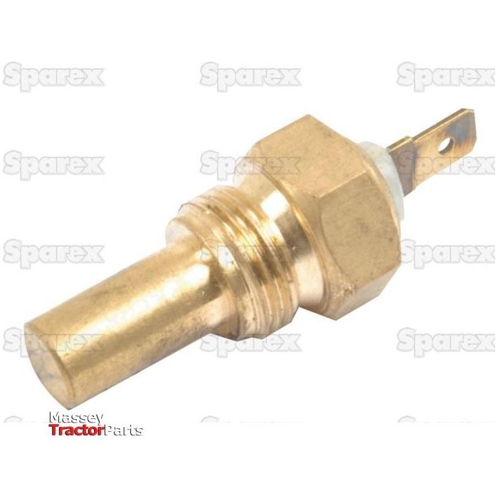 Close-up of a brass Water Temperature Switch (Sparex Part No. S.41104) for a tractor, showing the threaded end and electrical connector. The background is white with faintly visible logos of "Sparex Perkins" and "Massey Tractor Parts.