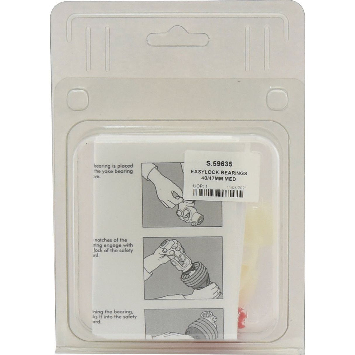 Plastic packaging containing EASYLOCK BEARINGS 40/47MM MED (Sparex Part No. S.59635) with illustrated instructions, featuring the innovative PTO EasyLock Guard Rings from the Italian Series by Sparex.