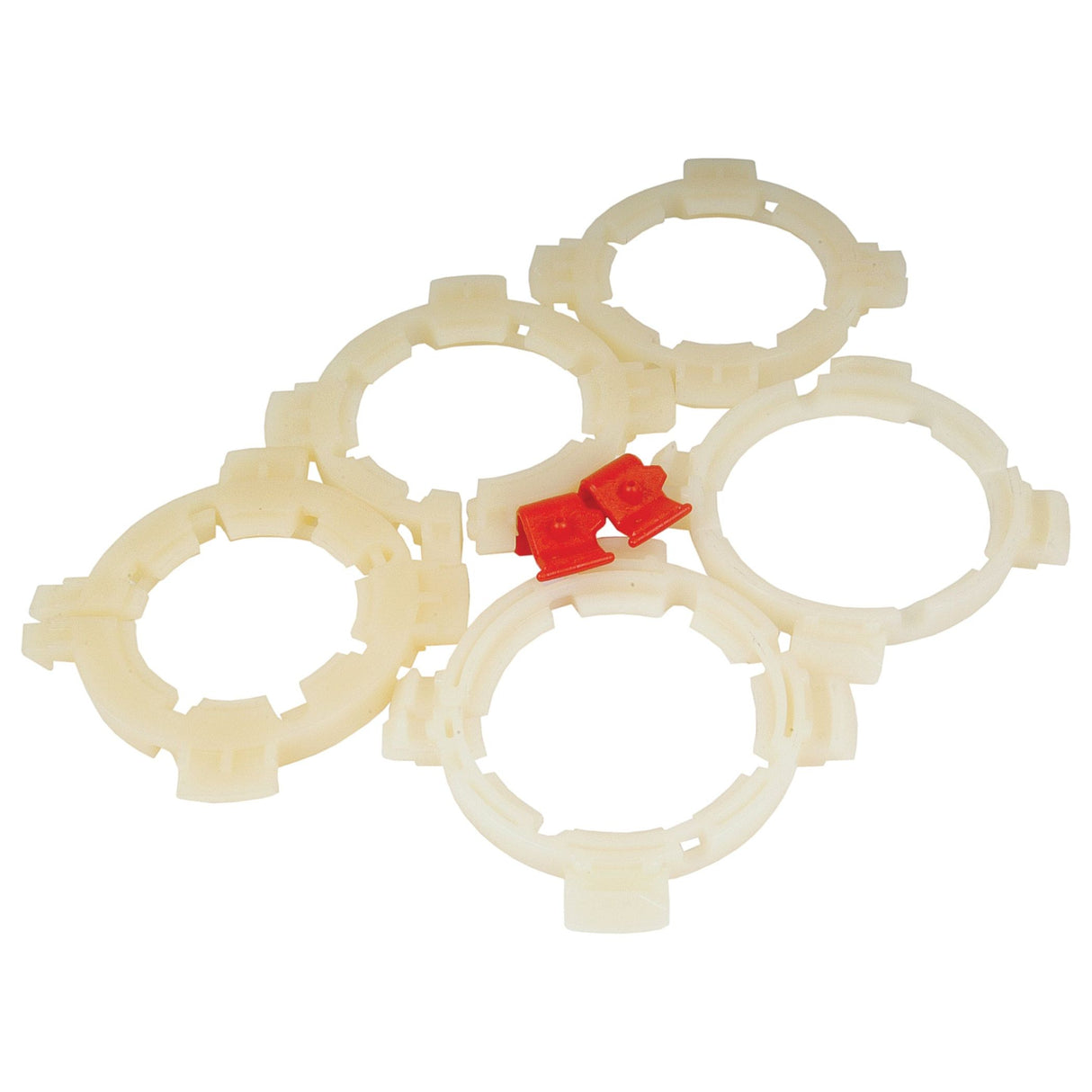 Four large white plastic circular brackets and one red rectangular EASYLOCK BEARING PACK - LARGE, Sparex Part No.S.20537, from the brand Sparex arranged on a white background.