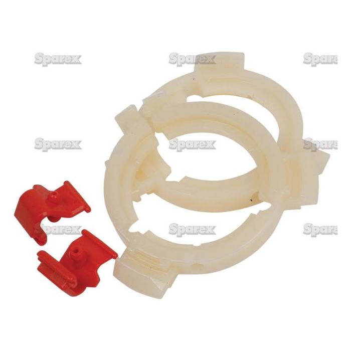 Two beige plastic collars with detached red clips, likely mechanical or fastening components, are pictured against a white background. These resemble parts from Sparex's EASYLOCK B/RINGS 2x41 (Small) for German shafts (Sparex Part No.S.56500).