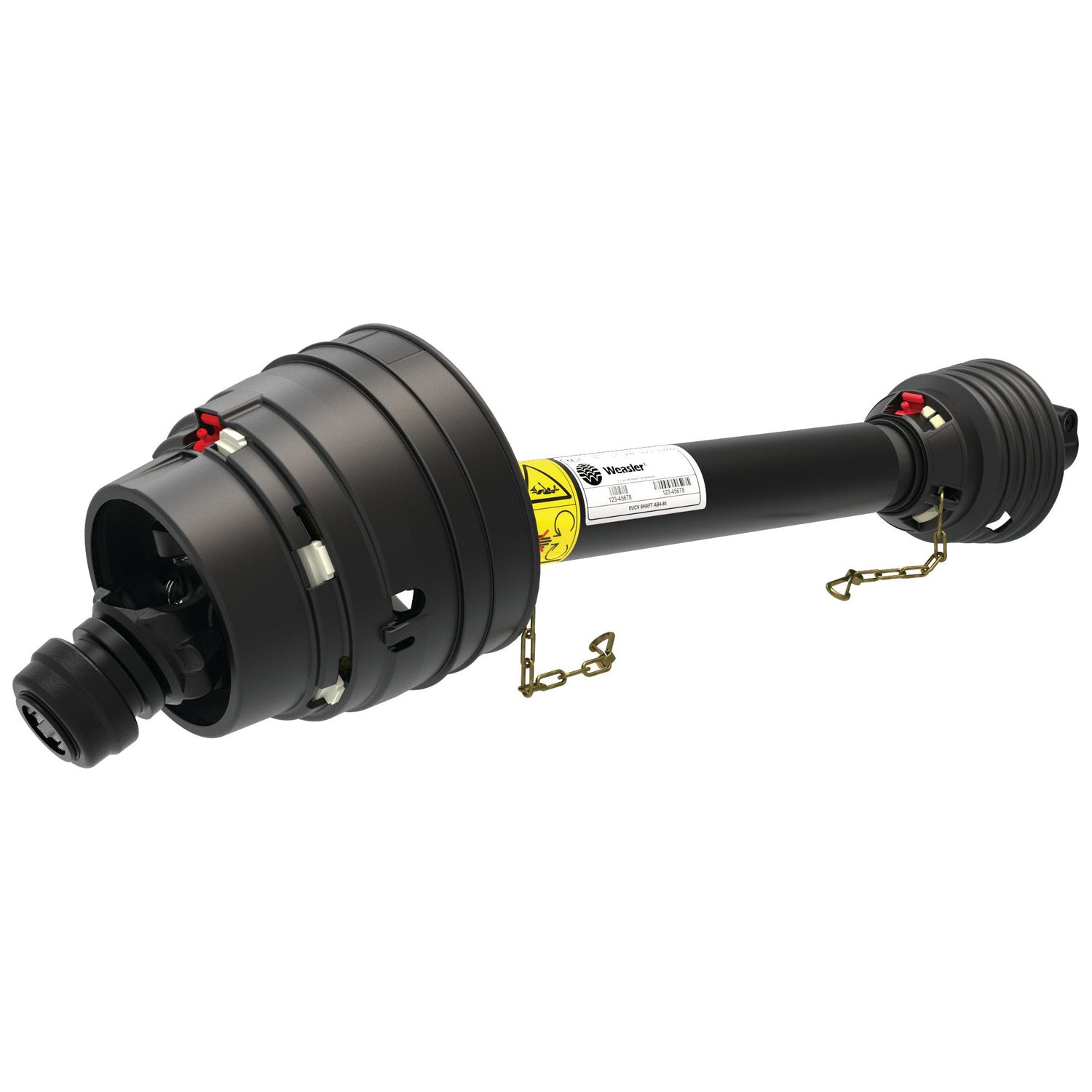 A black agricultural PTO shaft guard from the Weasler German Series, with safety chains and protective covers on both ends, specifically the Sparex Weasler PTO Shaft - EUCV Wide Angle - One End, measuring 1210mm in length with a 1 3/8'' x 6 spline at an 80° wide angle to a 1 3/8'' x 6 spline Q.R., Part No. S.39028.