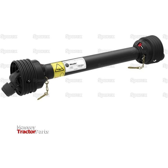 A Weasler PTO Shaft by Sparex, model S.39002, featuring a 1010mm length and 1 3/8" x 6 spline Q.R. connections on both ends, is depicted with black coloration alongside yellow warning labels and red safety clips against a white backdrop with "Massey TractorParts" text in the bottom left corner. The shaft incorporates an Easylock mechanism for secure attachment.