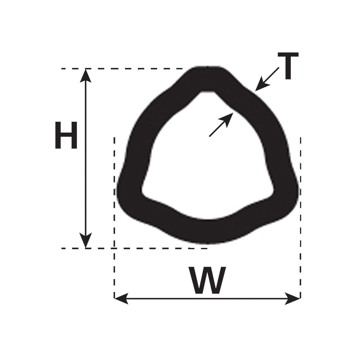Black and white diagram of an irregularly shaped ring, resembling an inner tube, labeled with height (H), width (W), and thickness (T) dimensions for the Sparex PTO Tube - Triangle Profile, Length: 3M (12522) - S.7547.