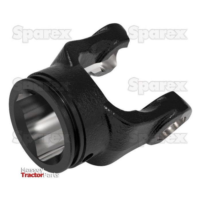 A black, U-shaped mechanical part with a cylindrical opening, identified as a PTO Tube Yoke (U/J Size: 35 x 94mm), sits on a white background. The image features text overlays with "Sparex" and "Massey Tractor Parts," showcasing its compatibility with AB7N/A7N PTO systems. The part has a triangular profile with dimensions of 45 x 45 x 5.5mm and is referenced as product number S.6016 from Sparex.