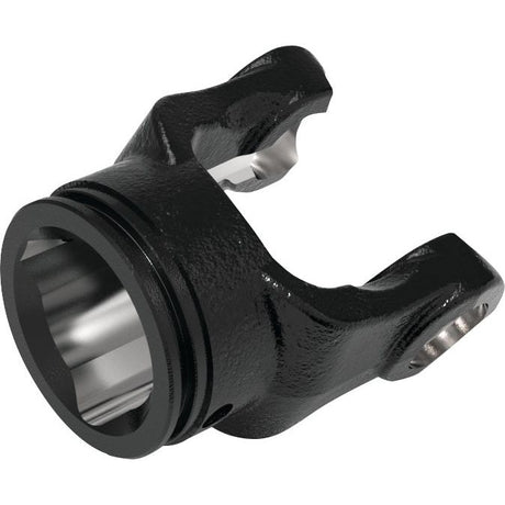 The Sparex PTO Tube Yoke (Ref: 12512) is a black metal yoke with a triangle profile and circular opening featuring dual prongs, designed to fit PTO Series universal joints measuring 35 x 106.5mm and with an overall size of 54 x 54 x 4mm.