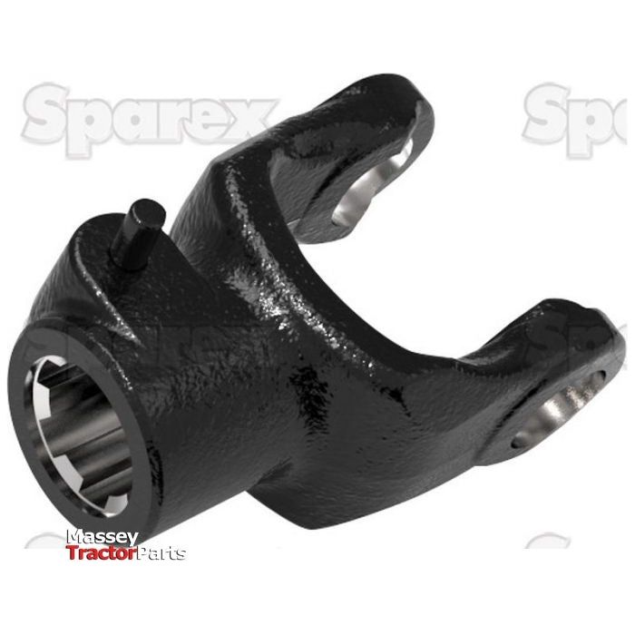 Close-up of a black metal PTO yoke with quick release, commonly used in agricultural machinery. "Sparex” watermark and "Massey Tractor Parts" logo are overlaid on the image. The PTO Yoke - Quick Release (U/J Size: 27 x 70mm), compatible with Weasler PTO Series AB3/A3, is highlighted for its precision and durability.