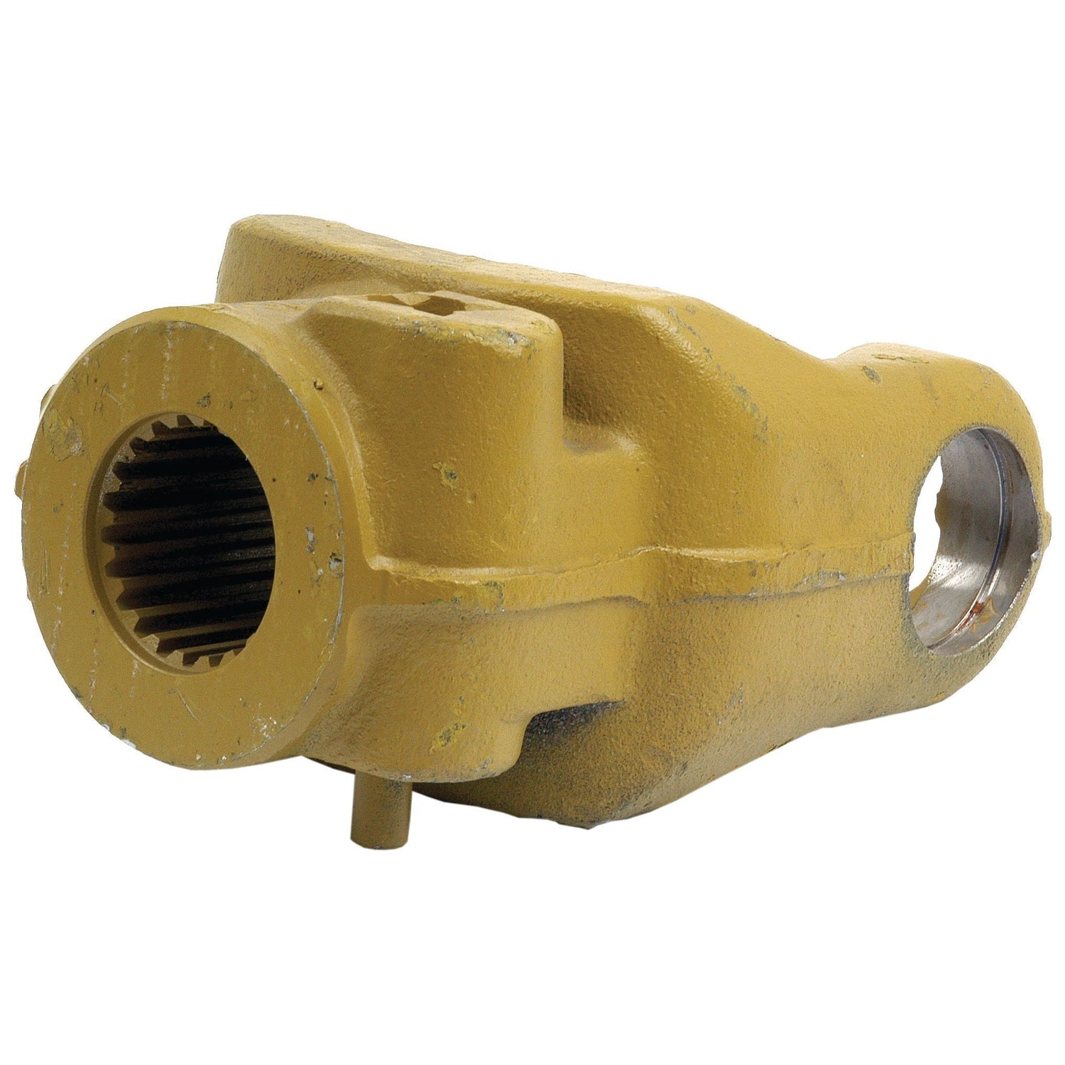 The Sparex PTO Yoke - Quick Release (U/J Size: 35 x 94mm; Size: 1 3/8''-21 Spline) features a yellow metal mechanical design with a circular opening on one end, a smaller threaded hole on the side, and is crafted to fit seamlessly with the Weasler Italian PTO Series for efficient connectivity.
