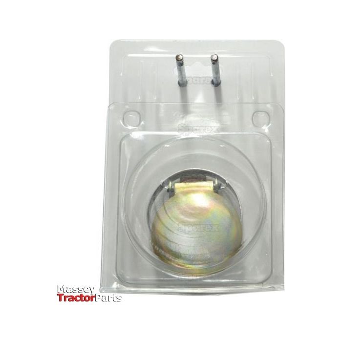 A small metal weather cap with a diameter of 2 1/4 inches (57mm), packaged in transparent plastic and labeled "Sparex S.2280," featuring two visible metal pins at the top, reminiscent of a Massey Tractor Part clip.