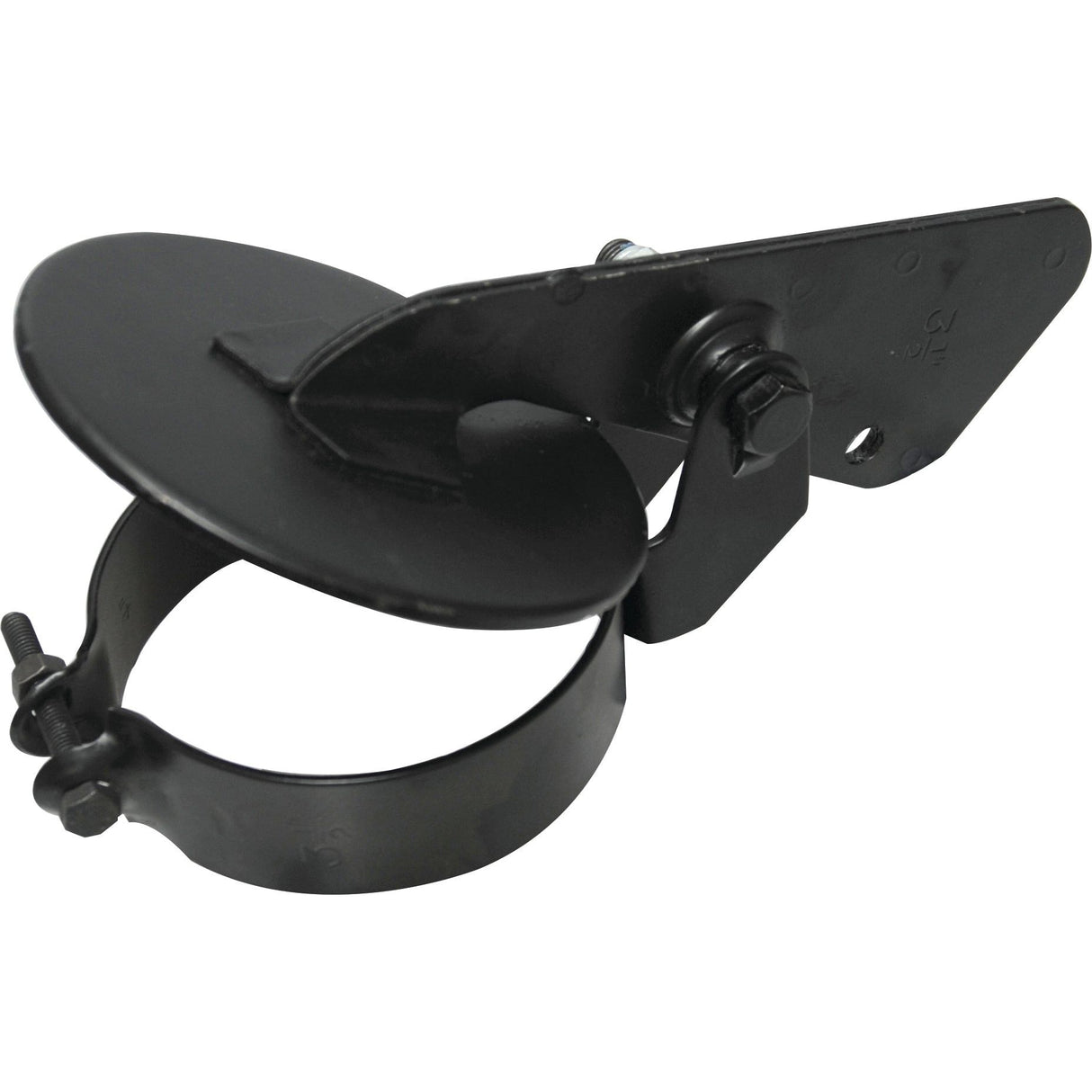 The Weather Cap - Counter Balanced (Sparex Part No. S.919782) by Sparex is a black metal pipe clamp with a circular band and an adjustable screw mechanism, designed to fit 3 1/2'' pipes. Its product specifications ensure durability and reliability, making it an excellent choice for various applications. Available through Sparex.