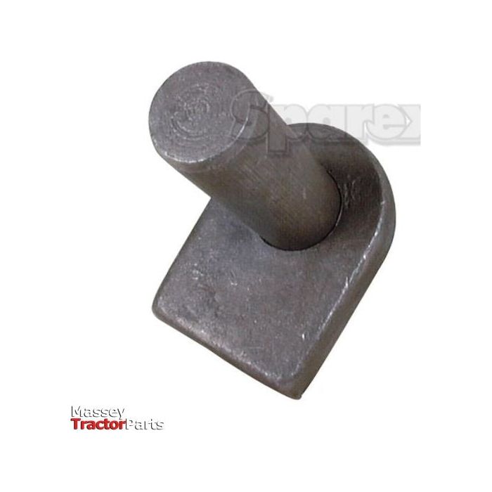 The Sparex Weld On Gate Hanger - Flat, Pin Ø22mm (Sparex Part No. S.55503) is a metallic, L-shaped spare part for a tractor, featuring a cylindrical peg extending from a square base with a 22mm diameter. The item is showcased on a white background with faint logos and text visible in the backdrop.