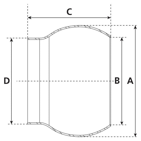 Technical drawing of a Sparex Weld on Ball - Male - 5'' (133mm) (Non Galvanised) - S.59404 fitting with dimensions labeled A, B, C, and D. The fitting features a cylindrical section and a curved section.