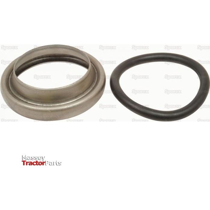 A metal bearing and a black rubber O-ring are displayed side by side. The background features a faint watermark with the text "Sparex." Alongside them is a Bauer Fitting. In the bottom left corner, red and black text reads "Massey Tractor Parts." Additionally, there is a Weld on Coupling - Female - 5'' (133mm) (Non Galvanised) - S.59401 from Sparex shown in the same frame.