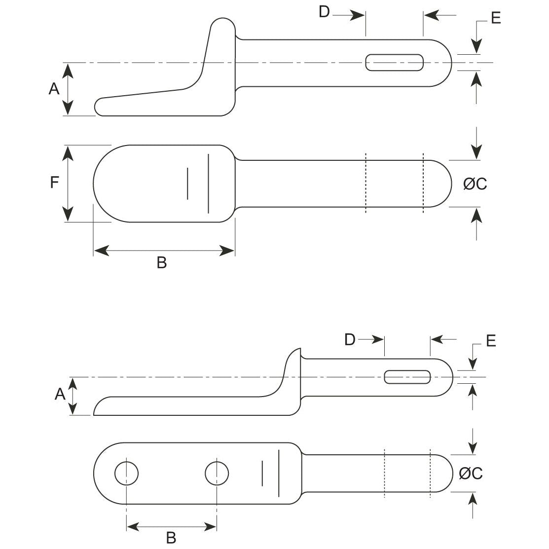 Technical drawing of two different wrench designs with labeled dimensions: A, B, C, D, E, and F. Each design includes side and top views illustrating specific measurements and annotations. The drawing also highlights compatibility with Sparex Weld on Gudgeon Pin (Ø1/2'' or 12.5mm), Part No.S.55373.