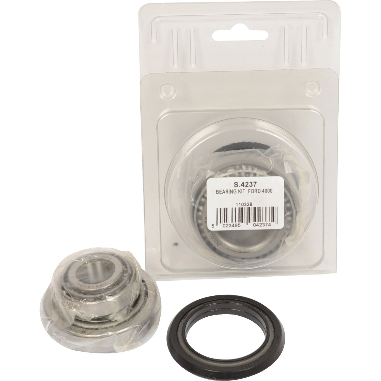 A bearing kit, including multiple components, is shown in and out of its packaging. The package is labeled "Wheel Bearing Kit | Sparex Part No.S.4237" from the brand Sparex, with clear compatibility for Ford New Holland models.